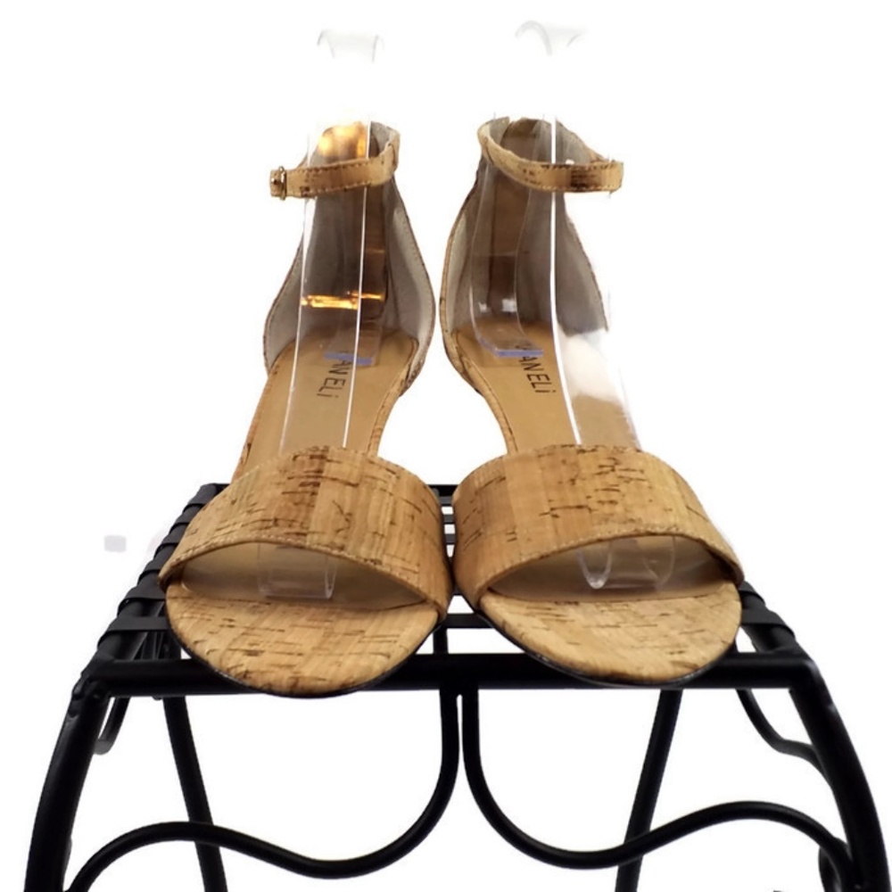 Vaneli Natural Cork Kitten Heel Zip Back Open Toe Sandals Womens 8N